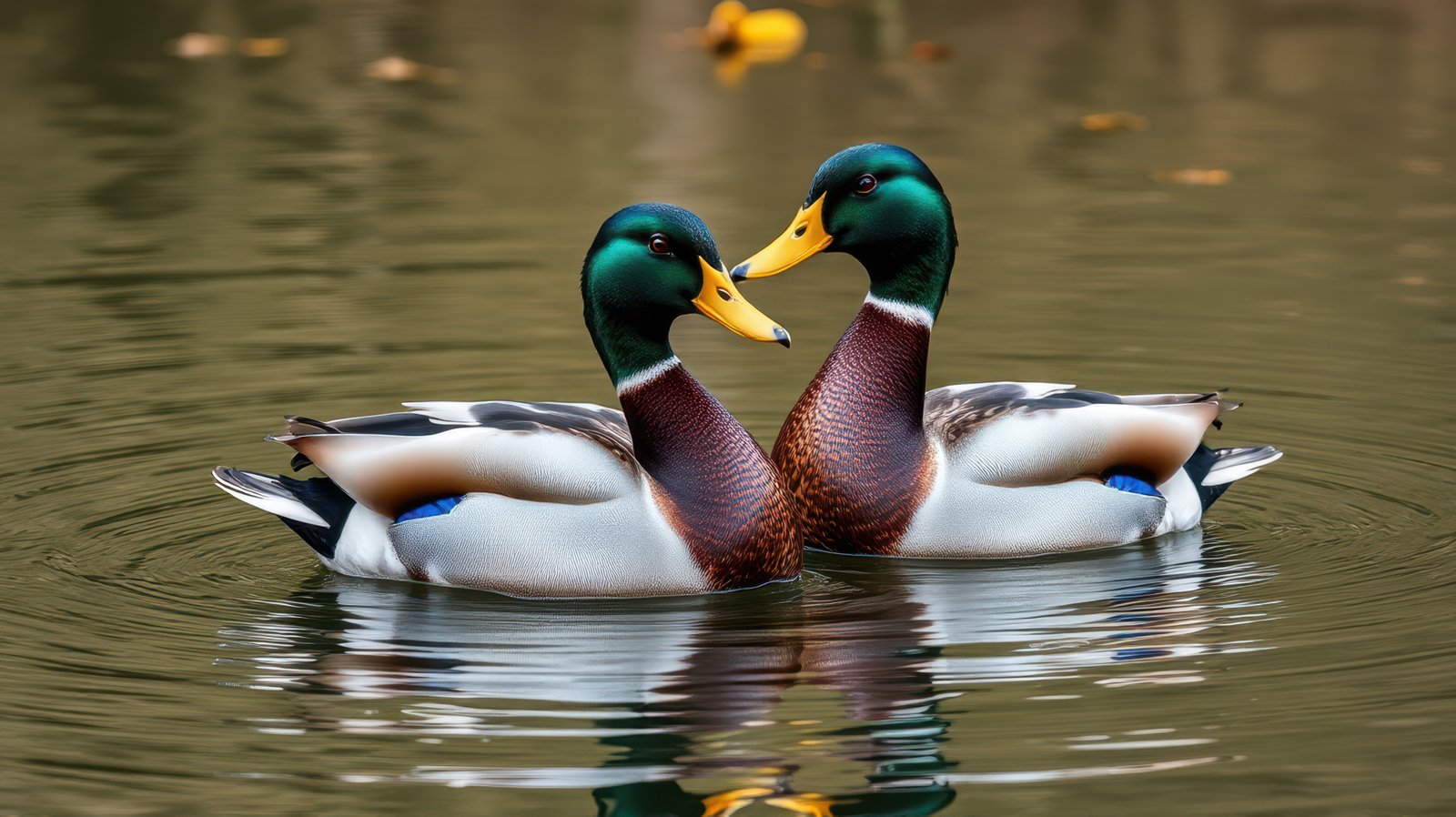 Male ducks swim closely together in a serene pond during autumn's vibrant season